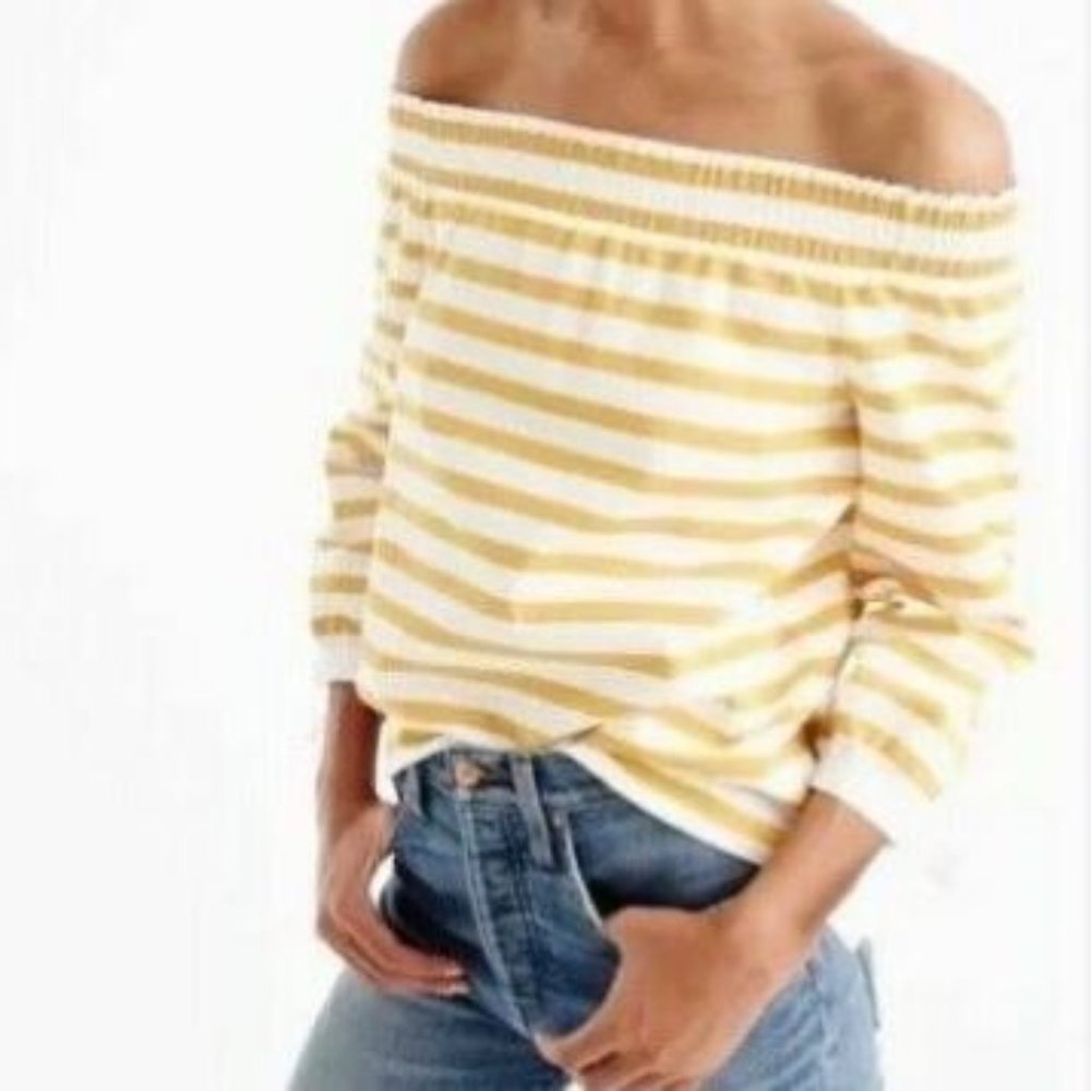 J.Crew White & Yellow Striped Long Sleeve Off The Shoulder Top Size Medium EUC